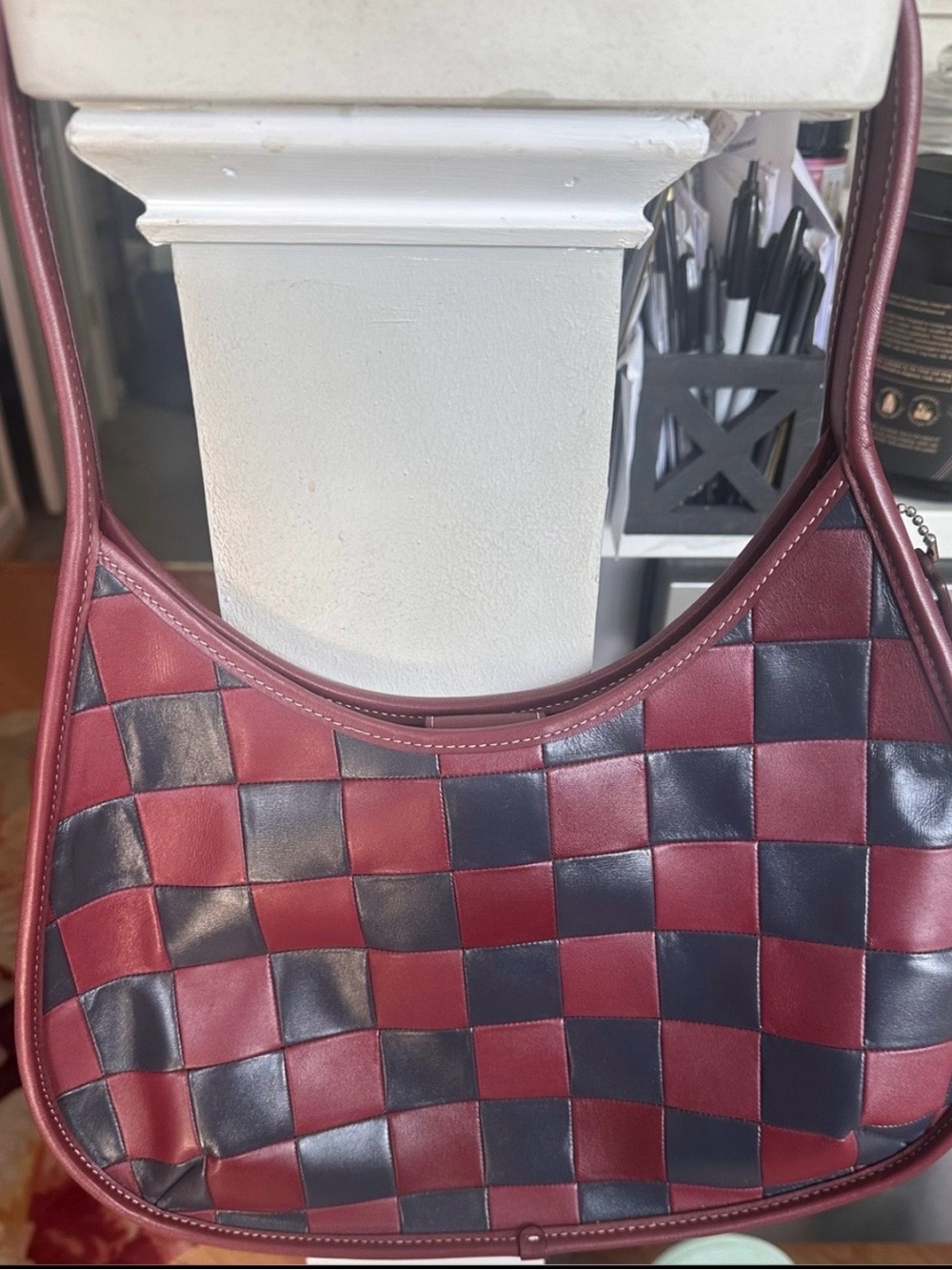 Large Coach Ergo Hobo Women's Checkerboard Shoulder Bag - Burgundy & Black